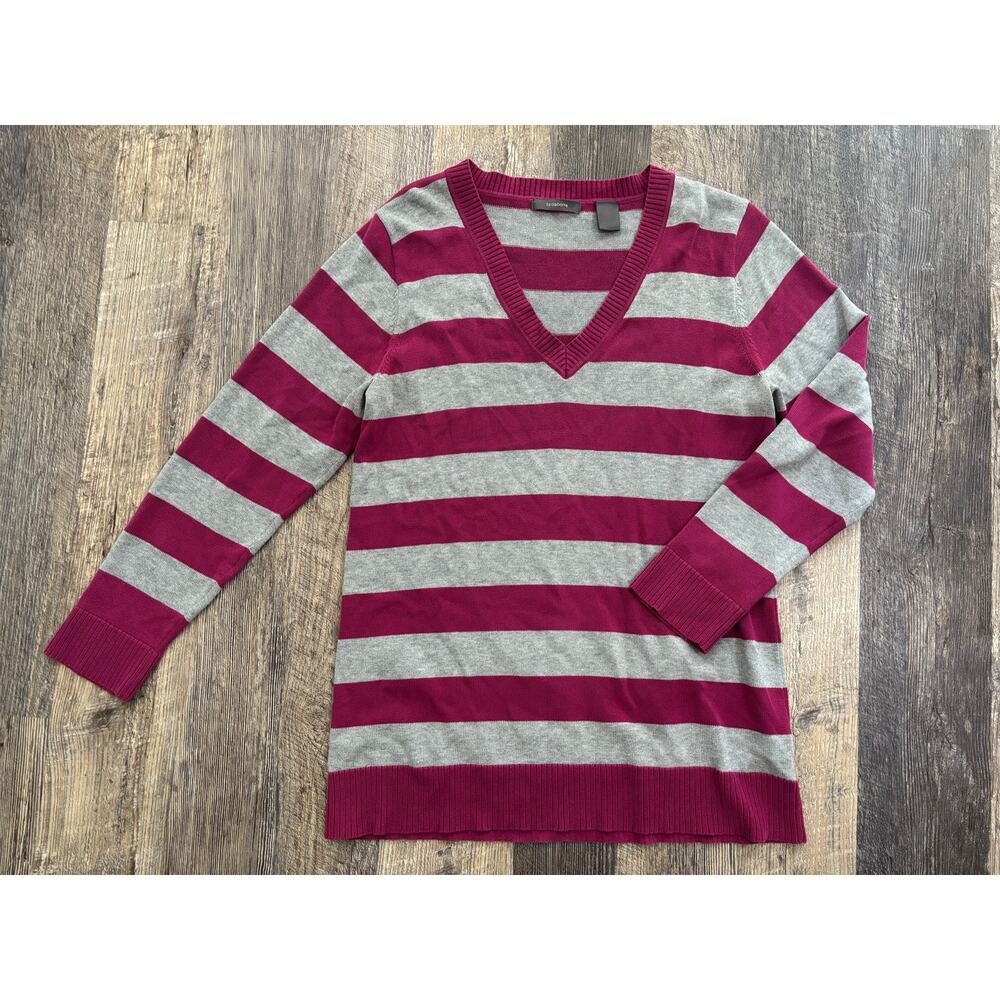 Liz Claiborne Womens V-Neck Striped Cotton Sweater Magenta Gray Long Sleeve‎ XL